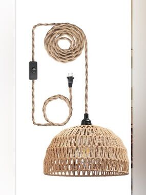 Rattan Hanging Lamp,Boho Pendant Lights,Plug In Cord